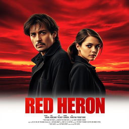 A realistic movie poster titled 'Red Heron', featuring two detectives standing over a dark marsh or lake beneath a dramatic crimson sky at dusk