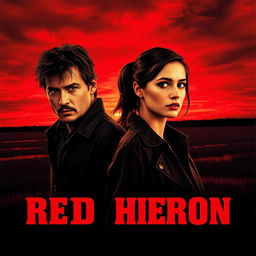 A realistic movie poster titled 'Red Heron', featuring two detectives standing over a dark marsh or lake beneath a dramatic crimson sky at dusk