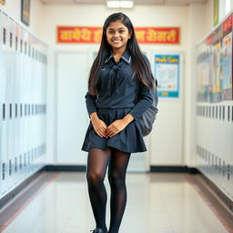 A full-body portrait of an Indian teenage girl, around 15 years old, dressed in a stylish school uniform