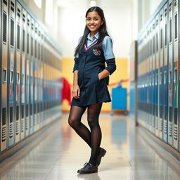 A full-body portrait of an Indian teenage girl, around 15 years old, dressed in a stylish school uniform