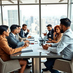 A lively and intense negotiation scene depicting a diverse group of business people sitting around a sleek modern conference table