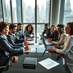 A lively and intense negotiation scene depicting a diverse group of business people sitting around a sleek modern conference table