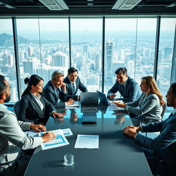 A lively and intense negotiation scene depicting a diverse group of business people sitting around a sleek modern conference table