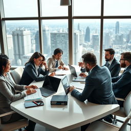 A lively and intense negotiation scene depicting a diverse group of business people sitting around a sleek modern conference table