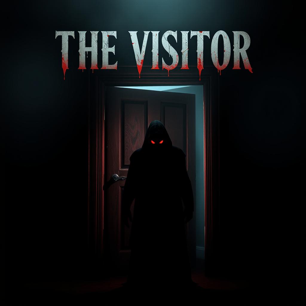 A haunting movie poster titled 'THE VISITOR', featuring a dark and shadowy figure with glowing red eyes positioned ominously in front of an old, creaky door