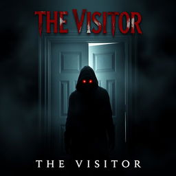 A haunting movie poster titled 'THE VISITOR', featuring a dark and shadowy figure with glowing red eyes positioned ominously in front of an old, creaky door