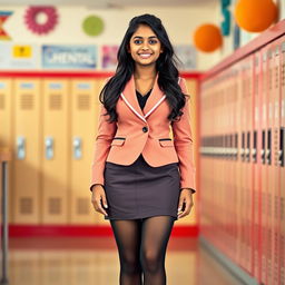 A full-body portrait of an Indian teenage girl, around 15 years old, in a stylish school uniform consisting of a fitted blazer and a mini skirt