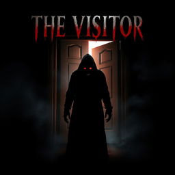 A haunting movie poster titled 'THE VISITOR', featuring a dark and shadowy figure with glowing red eyes positioned ominously in front of an old, creaky door