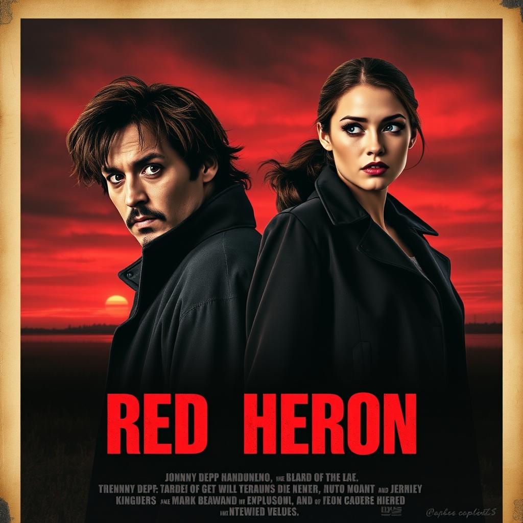 A realistic movie poster titled 'Red Heron', showcasing two detectives positioned over a dark marsh or lake with a striking crimson sky at dusk