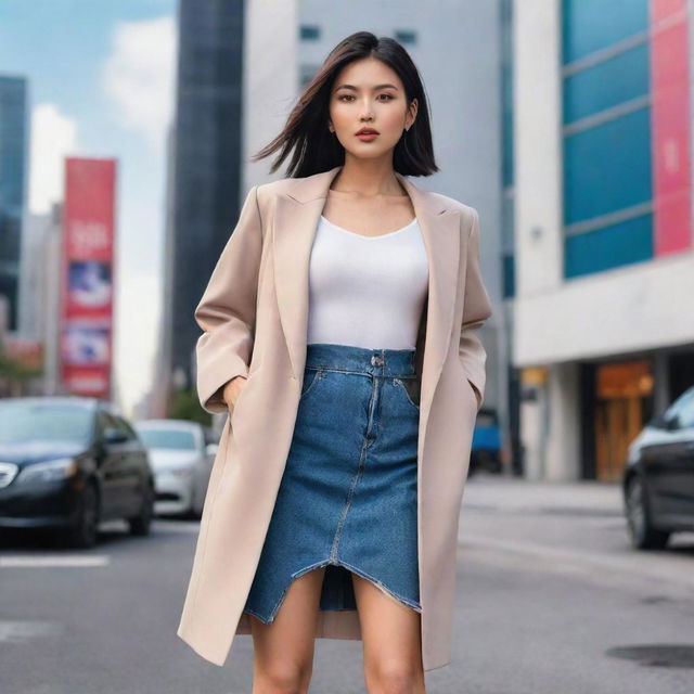 Animated portrayal of an elegant Asian woman with modern, stylish clothing, striking a fashionable pose like an Instagram model, set against a trendy, urban, anime-infused backdrop.