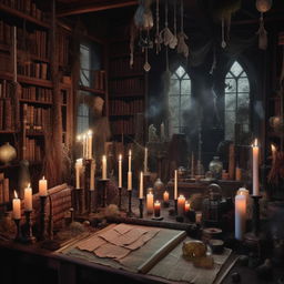 A gothic style witchcraft room filled with ancient books, mystical artifacts, flickering candles and crystal balls, herbs drying from the ceiling, and a large wooden table covered in maps and spell scrolls.