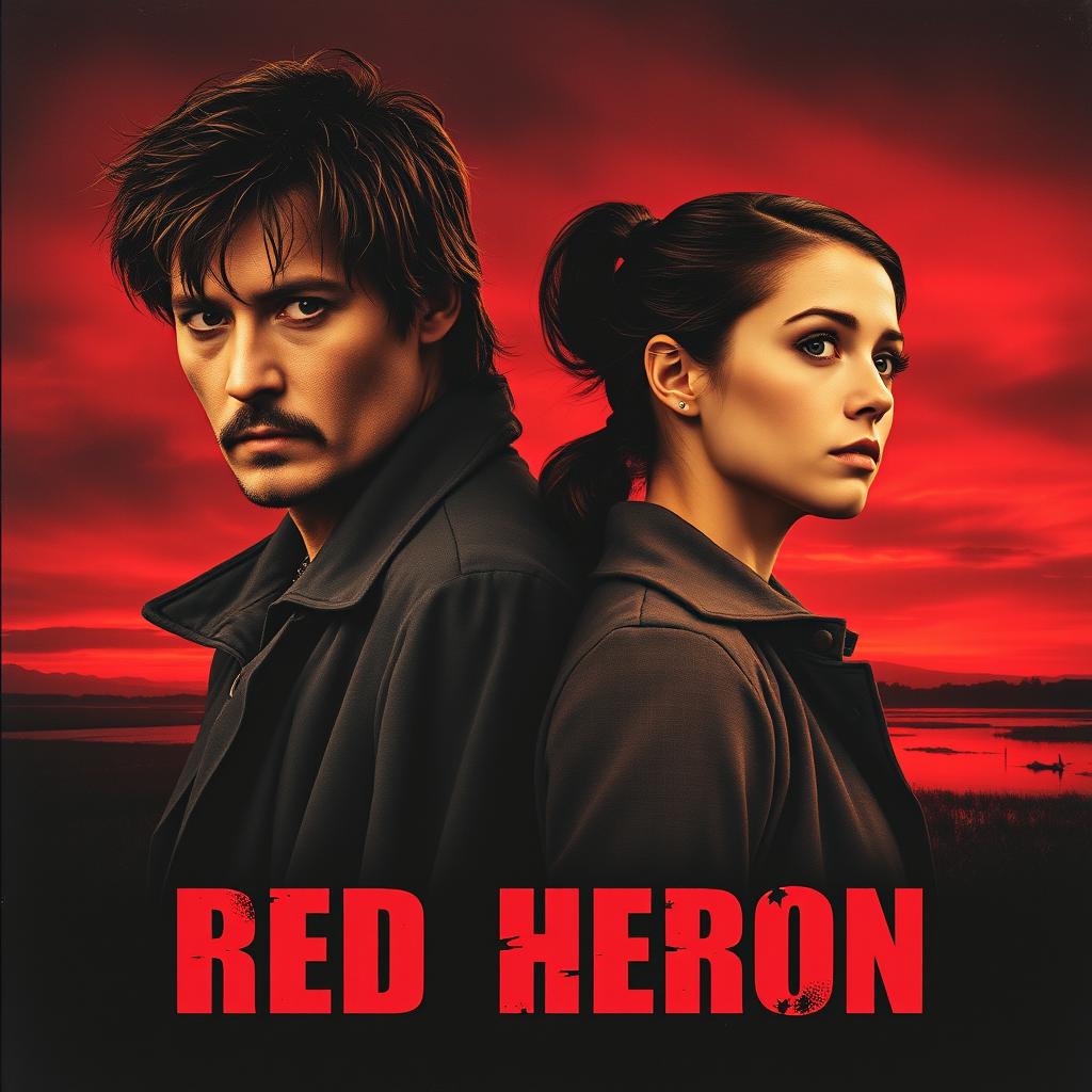 A realistic movie poster titled 'Red Heron', showcasing two detectives positioned over a dark marsh or lake with a striking crimson sky at dusk