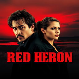 A realistic movie poster titled 'Red Heron', showcasing two detectives positioned over a dark marsh or lake with a striking crimson sky at dusk