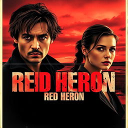 A realistic movie poster titled 'Red Heron', showcasing two detectives positioned over a dark marsh or lake with a striking crimson sky at dusk