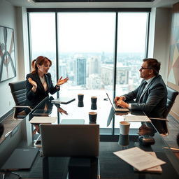 A dynamic and intense negotiation scene between two business professionals in a modern conference room