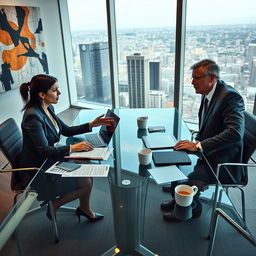 A dynamic and intense negotiation scene between two business professionals in a modern conference room