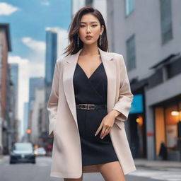 Animated portrayal of an elegant Asian woman with modern, stylish clothing, striking a fashionable pose like an Instagram model, set against a trendy, urban, anime-infused backdrop.