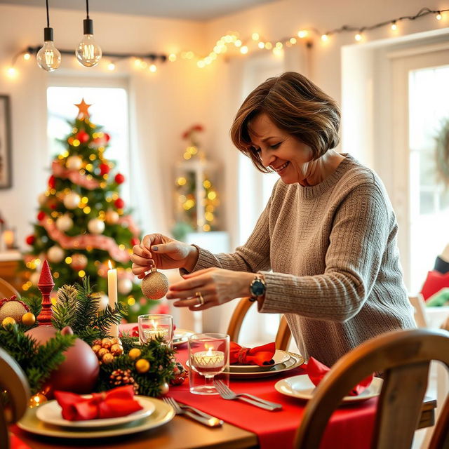 A realistic scene of a 50-year-old woman cheerfully decorating a dining room for Christmas