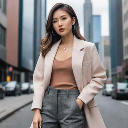 Animated portrayal of an elegant Asian woman with modern, stylish clothing, striking a fashionable pose like an Instagram model, set against a trendy, urban, anime-infused backdrop.