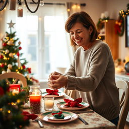 A realistic scene of a 50-year-old woman cheerfully decorating a dining room for Christmas