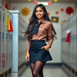 A full-body portrait of an Indian teenage girl, around 15 years old, displaying a stylish school uniform