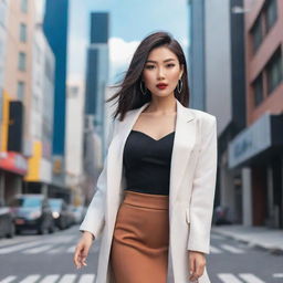 Animated portrayal of an elegant Asian woman with modern, stylish clothing, striking a fashionable pose like an Instagram model, set against a trendy, urban, anime-infused backdrop.