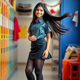 A full-body portrait of an Indian teenage girl, around 15 years old, displaying a stylish school uniform