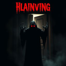 A chilling movie poster featuring a black ghostly figure with glowing red eyes standing ominously in front of an old, creaky door