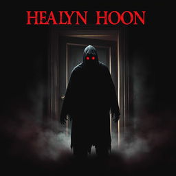 A chilling movie poster featuring a black ghostly figure with glowing red eyes standing ominously in front of an old, creaky door