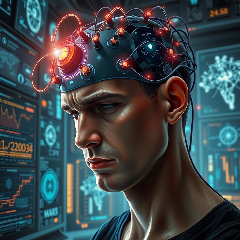 A dramatic and thought-provoking digital art piece depicting a person with their head connected to a sleek, futuristic computer interface