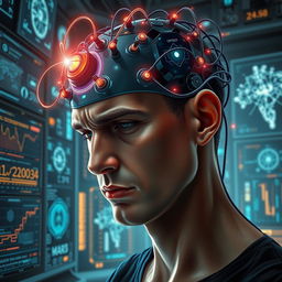 A dramatic and thought-provoking digital art piece depicting a person with their head connected to a sleek, futuristic computer interface