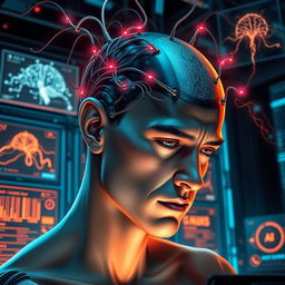 A dramatic and thought-provoking digital art piece depicting a person with their head connected to a sleek, futuristic computer interface