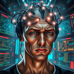 A dramatic and thought-provoking digital art piece depicting a person with their head connected to a sleek, futuristic computer interface