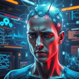 A dramatic and thought-provoking digital art piece depicting a person with their head connected to a sleek, futuristic computer interface