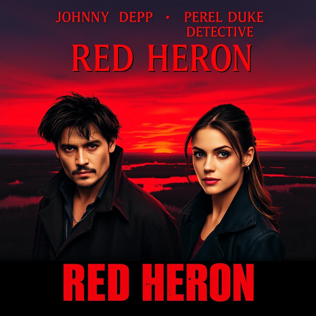 A realistic movie poster titled 'Red Heron', featuring two detectives standing over a dark marsh or lake with a breathtaking crimson sky at dusk