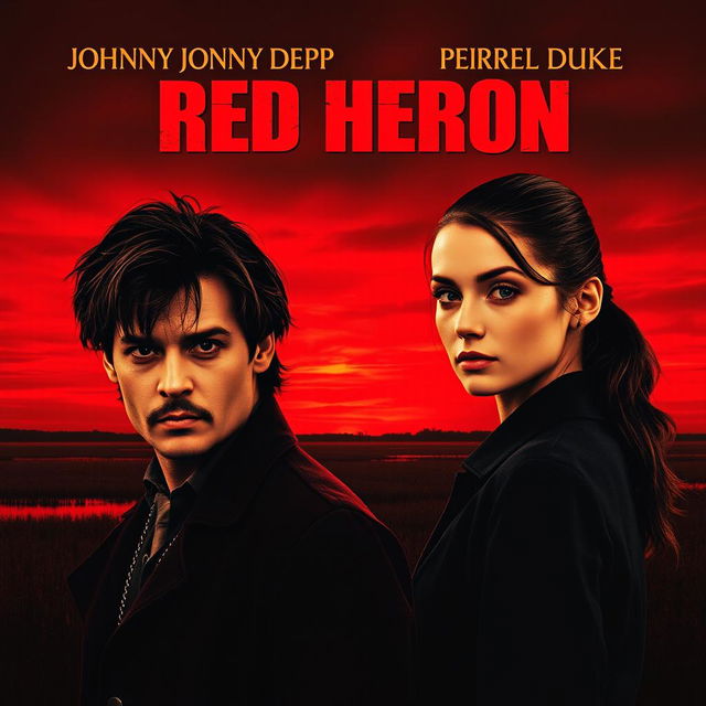 A realistic movie poster titled 'Red Heron', featuring two detectives standing over a dark marsh or lake with a breathtaking crimson sky at dusk