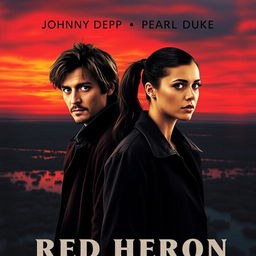 A realistic movie poster titled 'Red Heron', featuring two detectives standing over a dark marsh or lake with a breathtaking crimson sky at dusk