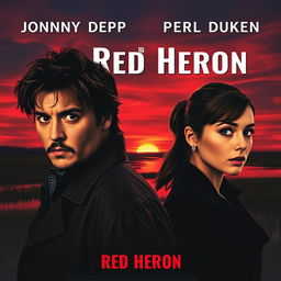 A realistic movie poster titled 'Red Heron', featuring two detectives standing over a dark marsh or lake with a breathtaking crimson sky at dusk