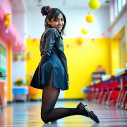 A full-body portrait of an Indian teenage girl, around 15 years old, in a fashionable school uniform