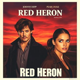 A realistic movie poster titled 'Red Heron', showcasing two detectives standing over a dark marsh or lake under a stunning crimson sky at dusk