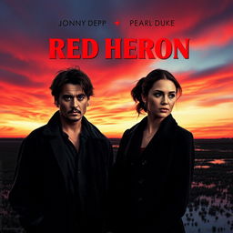 A realistic movie poster titled 'Red Heron', showcasing two detectives standing over a dark marsh or lake under a stunning crimson sky at dusk