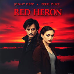 A realistic movie poster titled 'Red Heron', showcasing two detectives standing over a dark marsh or lake under a stunning crimson sky at dusk