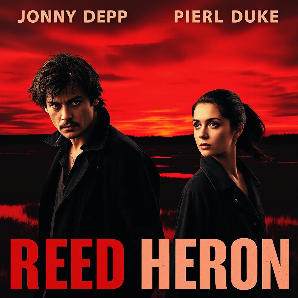 A realistic movie poster titled 'Red Heron', showcasing two detectives standing over a dark marsh or lake under a stunning crimson sky at dusk