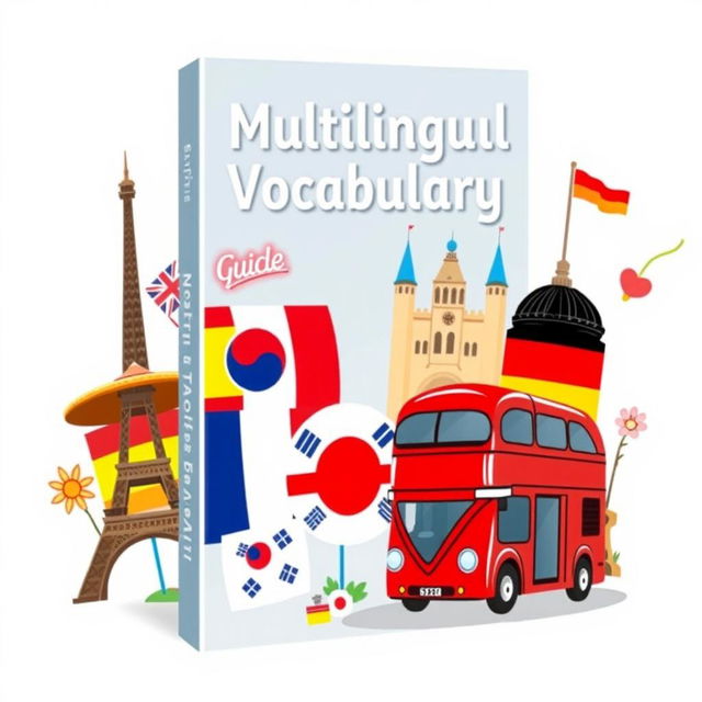 An illustrated ebook cover design featuring a blend of vocabulary elements from English, Spanish, French, Korean, and German languages