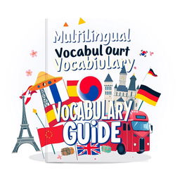 An illustrated ebook cover design featuring a blend of vocabulary elements from English, Spanish, French, Korean, and German languages