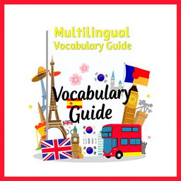 An illustrated ebook cover design featuring a blend of vocabulary elements from English, Spanish, French, Korean, and German languages