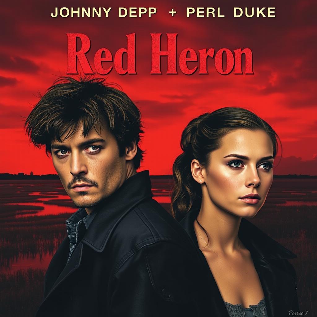 A realistic movie poster titled 'Red Heron', featuring two detectives standing over a dark marsh or lake, with a dramatic crimson sky at dusk