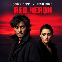 A realistic movie poster titled 'Red Heron', featuring two detectives standing over a dark marsh or lake, with a dramatic crimson sky at dusk