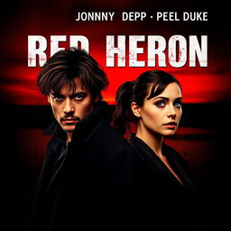 A realistic movie poster titled 'Red Heron', featuring two detectives standing over a dark marsh or lake, with a dramatic crimson sky at dusk