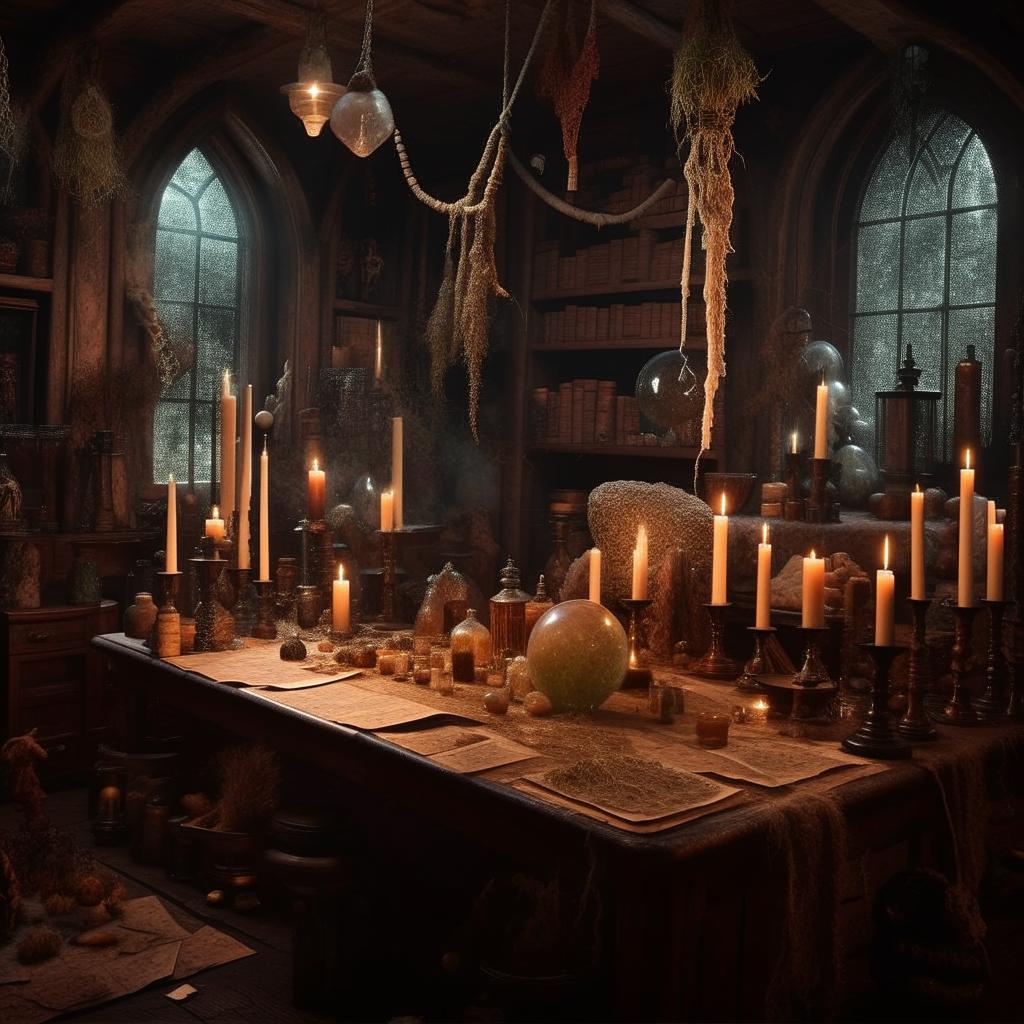 A gothic style witchcraft room filled with ancient books, mystical artifacts, flickering candles and crystal balls, herbs drying from the ceiling, and a large wooden table covered in maps and spell scrolls.